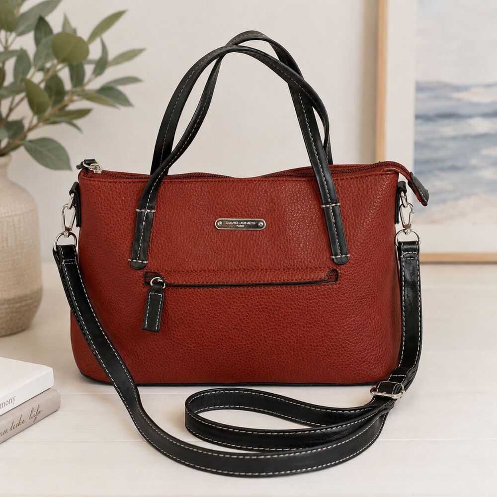 David Jones Paris Rust Pebbled Satchel Crossbody Handbag Large Black Trim Purse